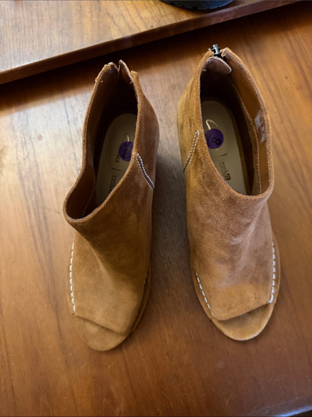 Clarks Suede Open-Toe Ankle Booties in Tan NWT